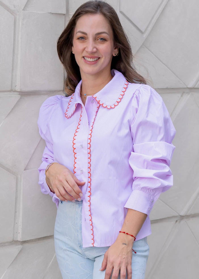 Camisa Lineas Fucsia Detalles Naranja