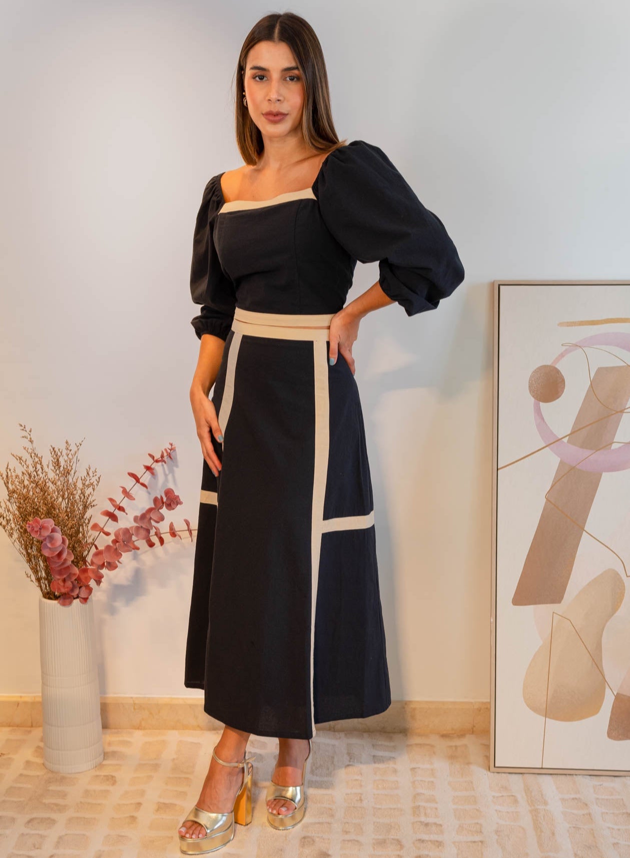 Set Negro Falda Bordes Beige