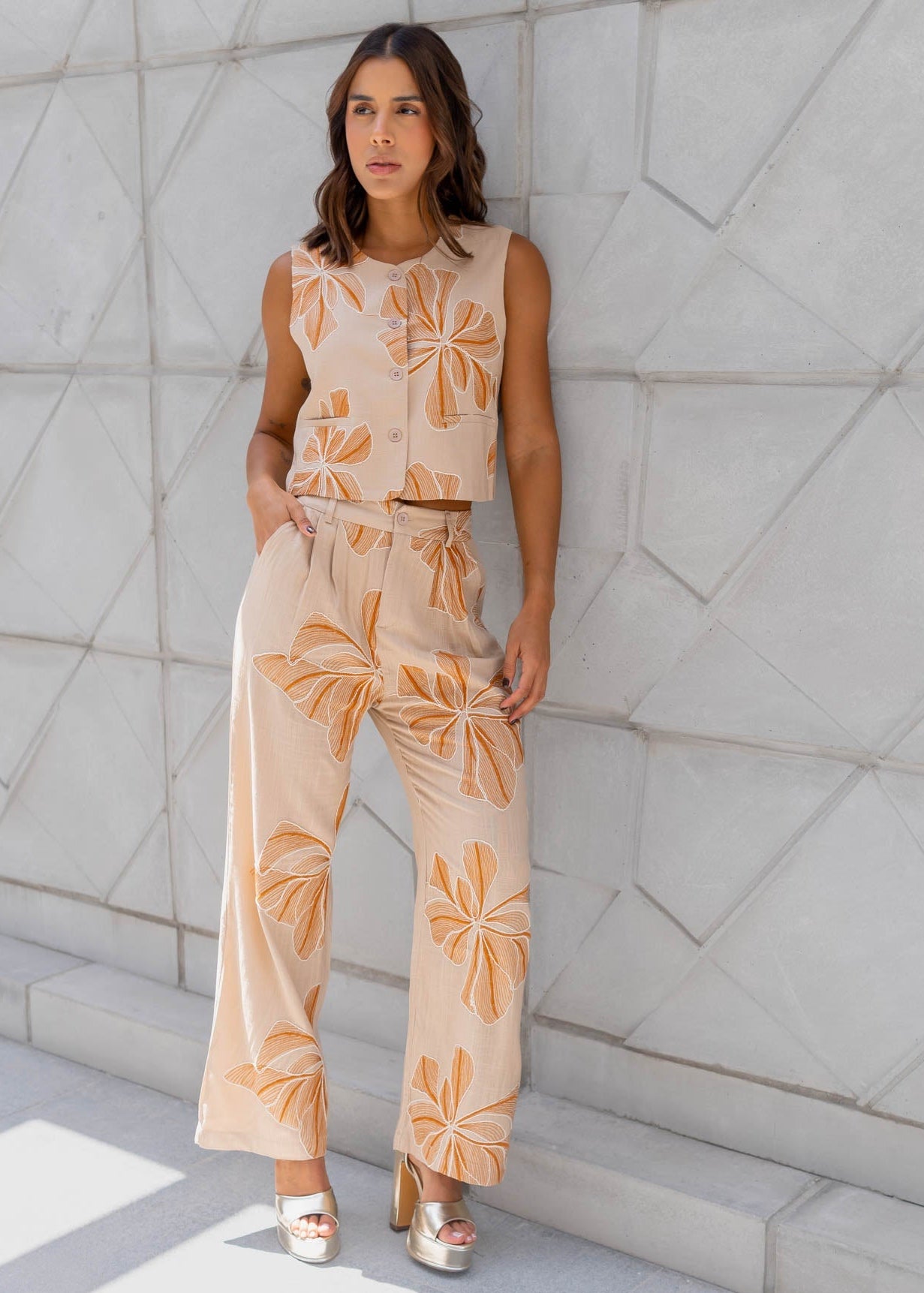Set Beige Flores Naranjas