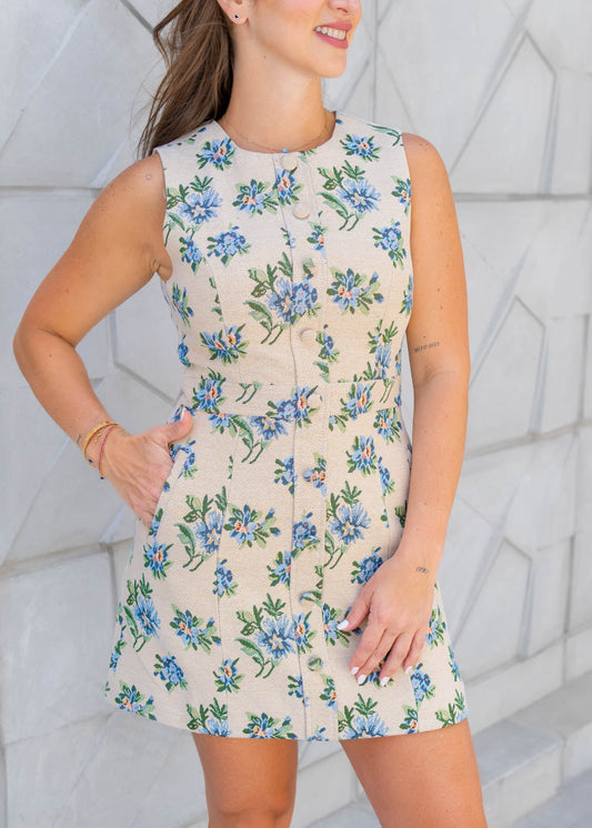 Vestido Beige Flores Azules