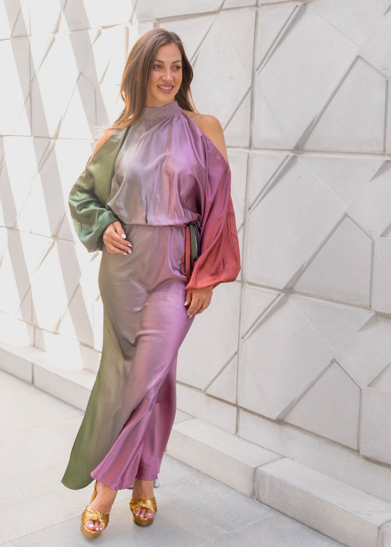 Vestido Satinado Verde/Rosa