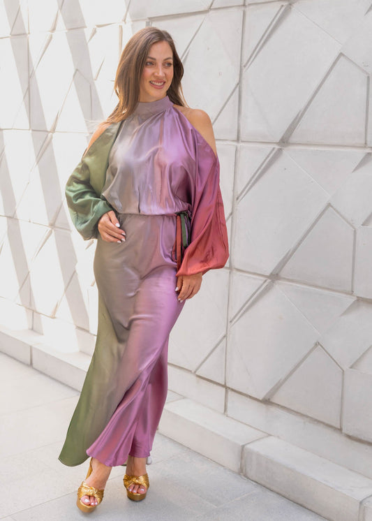 Vestido Satinado Verde/Rosa