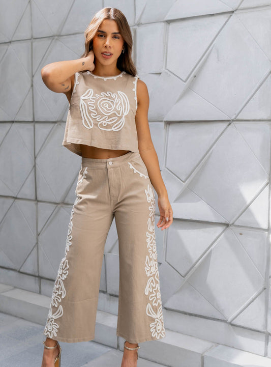 Set Denim Beige Detalles Blancos