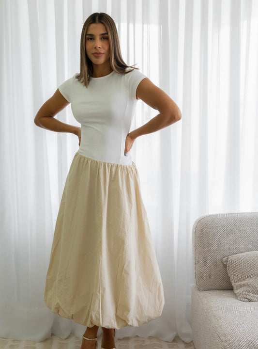 Vestido Blanco/Beige Globo