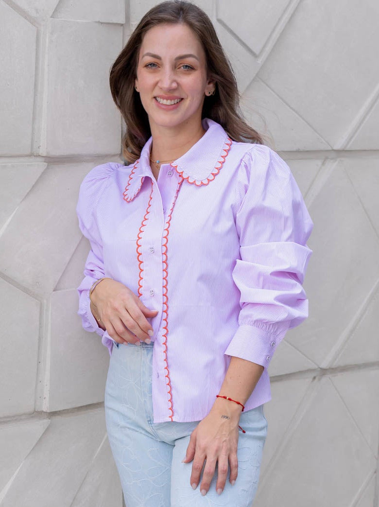 Camisa Lineas Fucsia Detalles Naranja