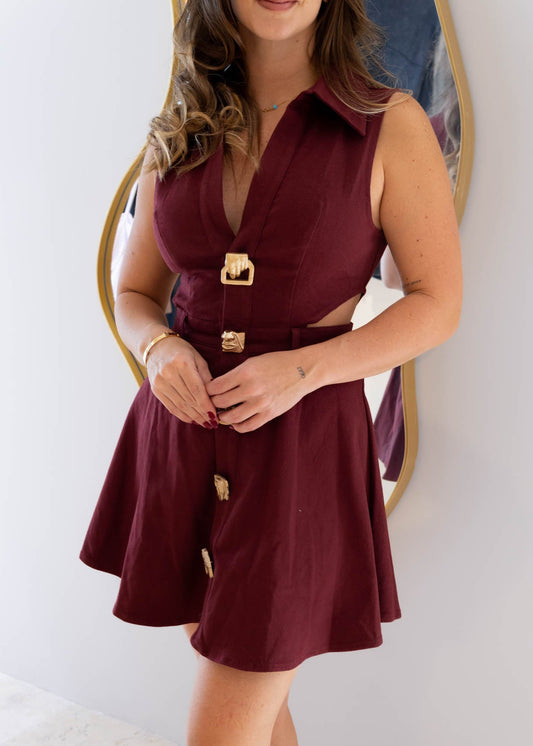 Vestido Jean Vinotinto Botones Dorados