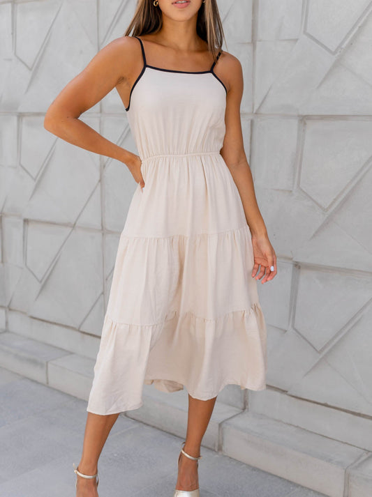 Vestido Beige Borde Negro