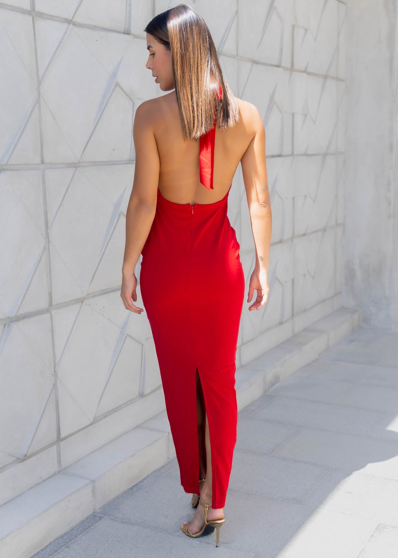 Vestido Rojo Detalle Dorado