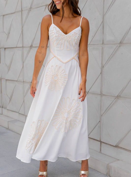 Vestido Blanco Detalles Beige