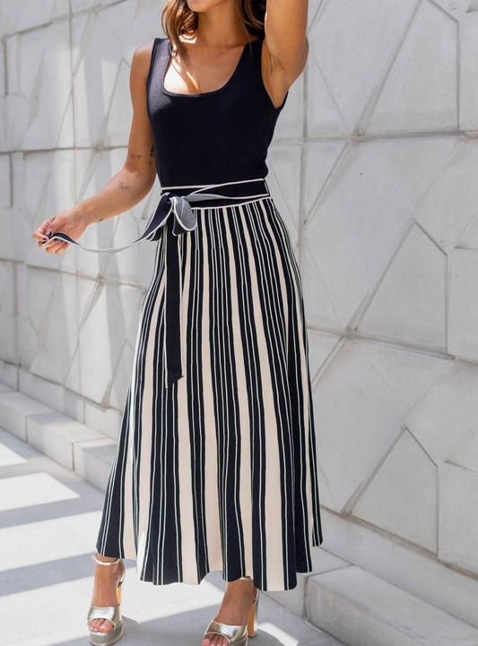 Vestido Tejido Negro Lineas Beige