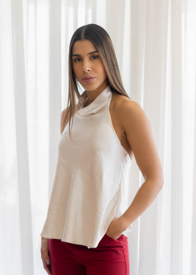 Blusa Satinada Beige Cuello Halter