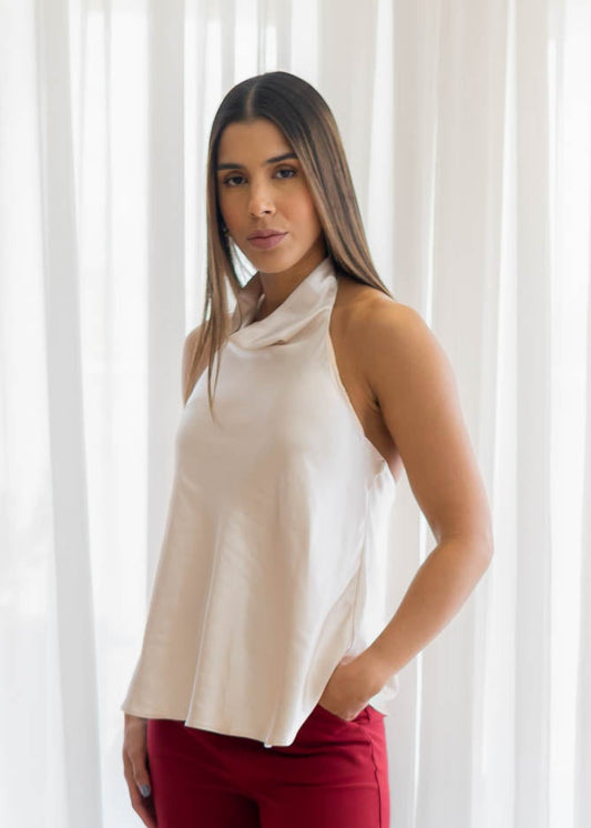 Blusa Satinada Beige Cuello Halter