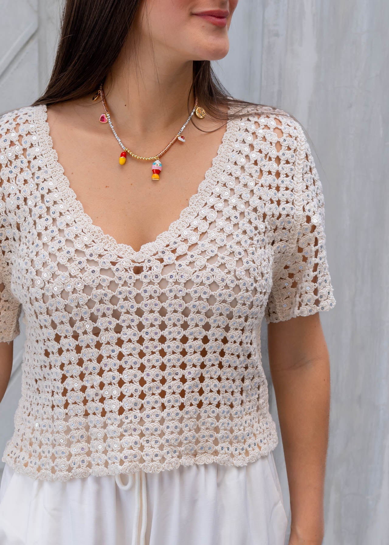 Blusa Crochet Beige Lentejuelas