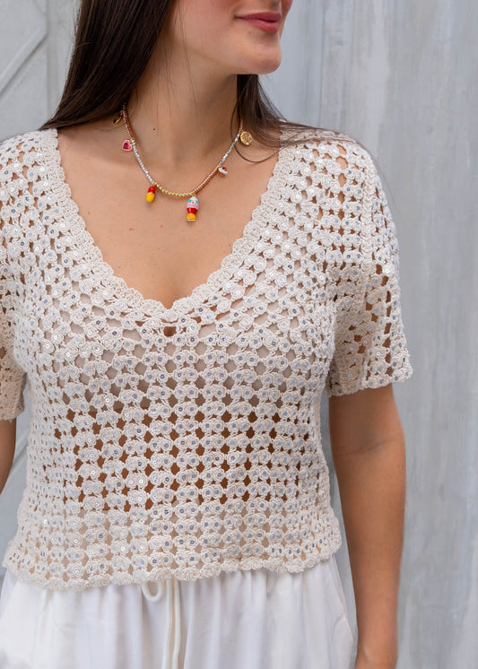 Blusa Crochet Beige Lentejuelas