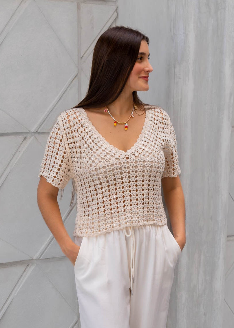 Blusa Crochet Beige Lentejuelas