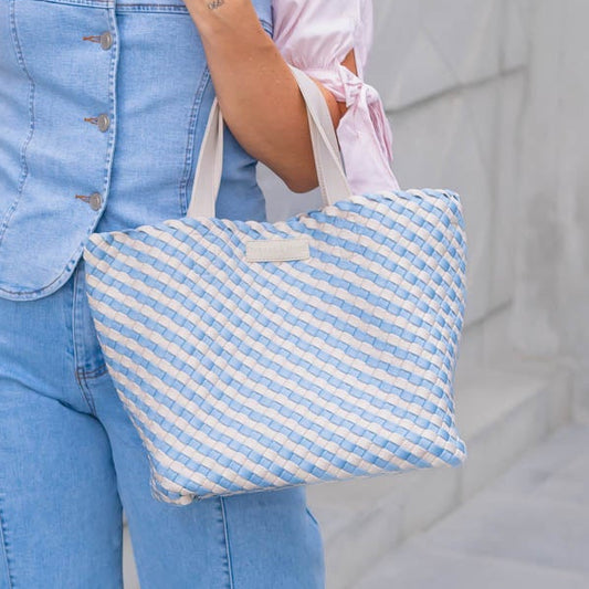 Cartera Tejida Mediana Beige/Azul